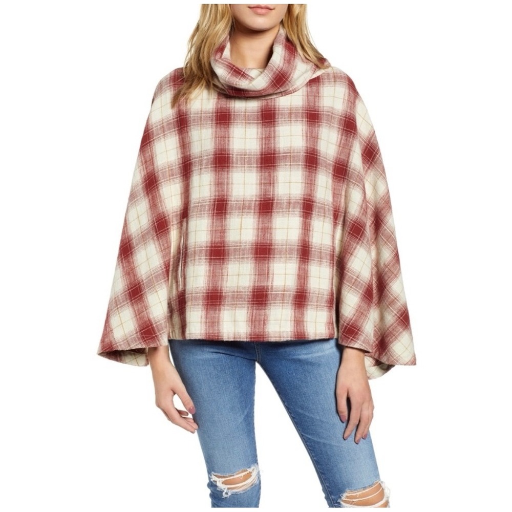AG Adriano Goldschmied Plaid Cowl Neck Poncho Cape Red‎ Tan Medium Fall NWT